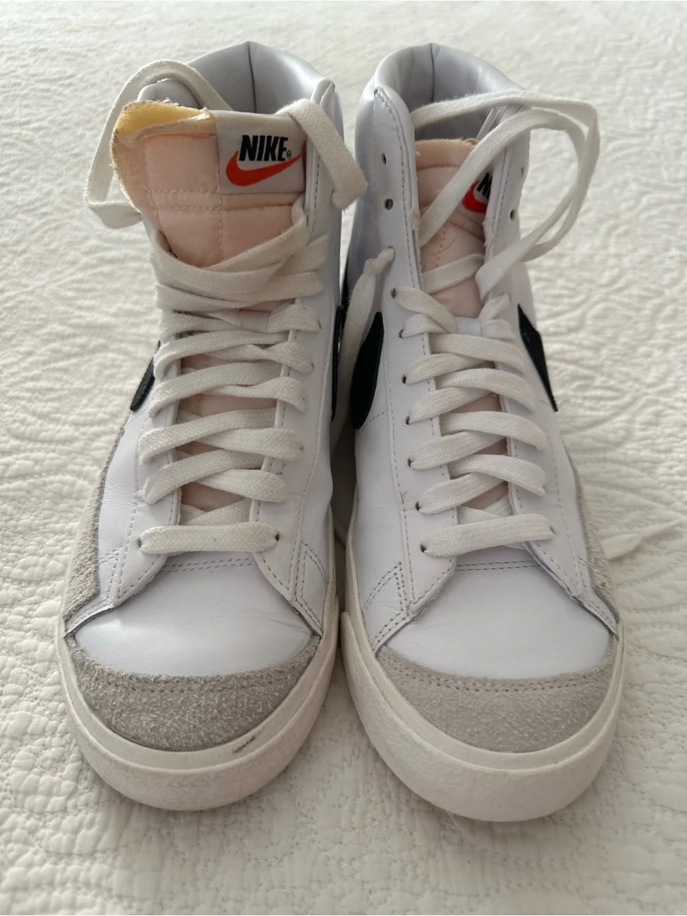 Nike White High-Top Sneakers with Black Swoosh and Light Gray Suede
